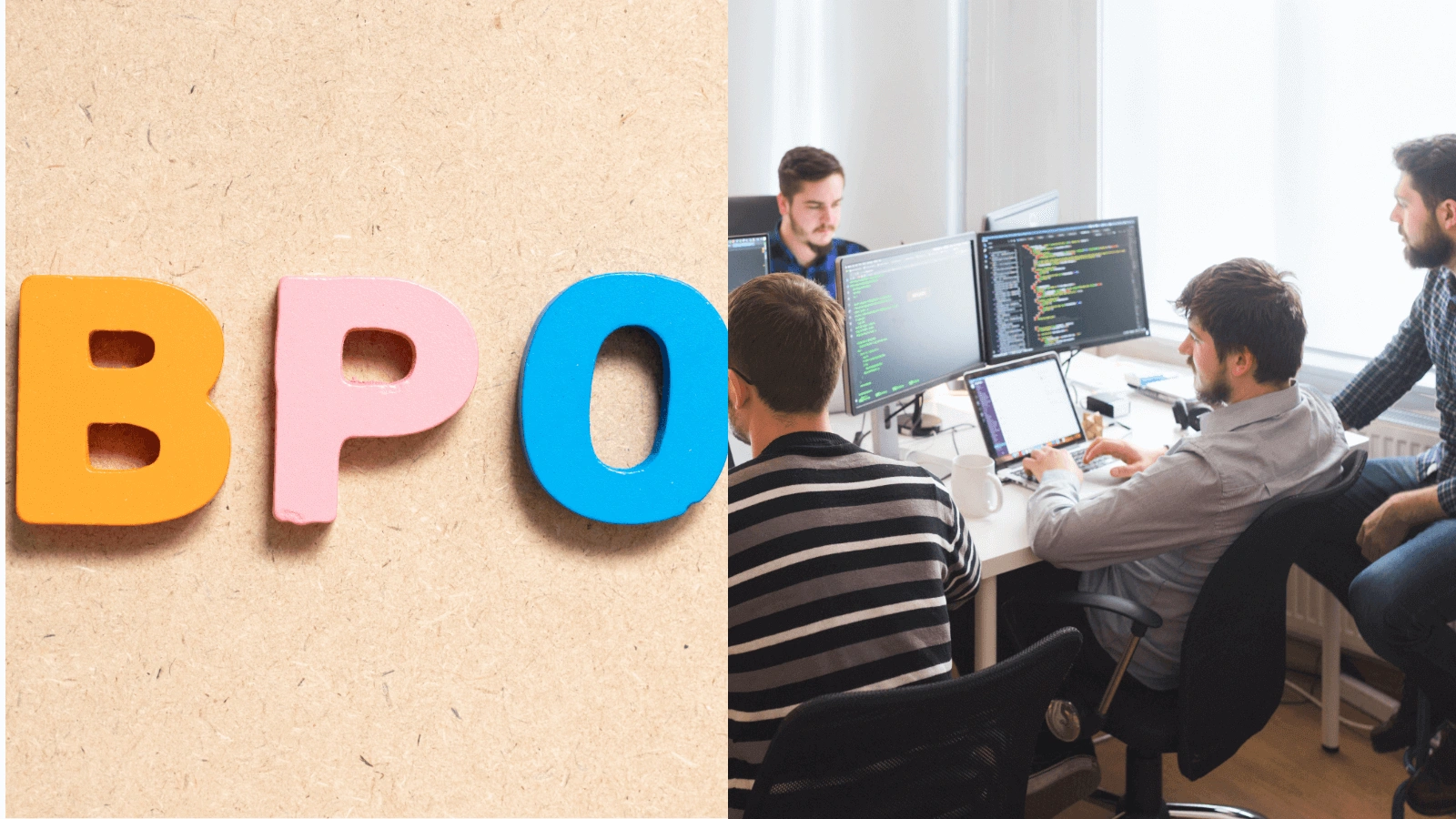 Alt: Team collaborating with BPO letters emphasizing reasons to outsource video editing for teamwork.