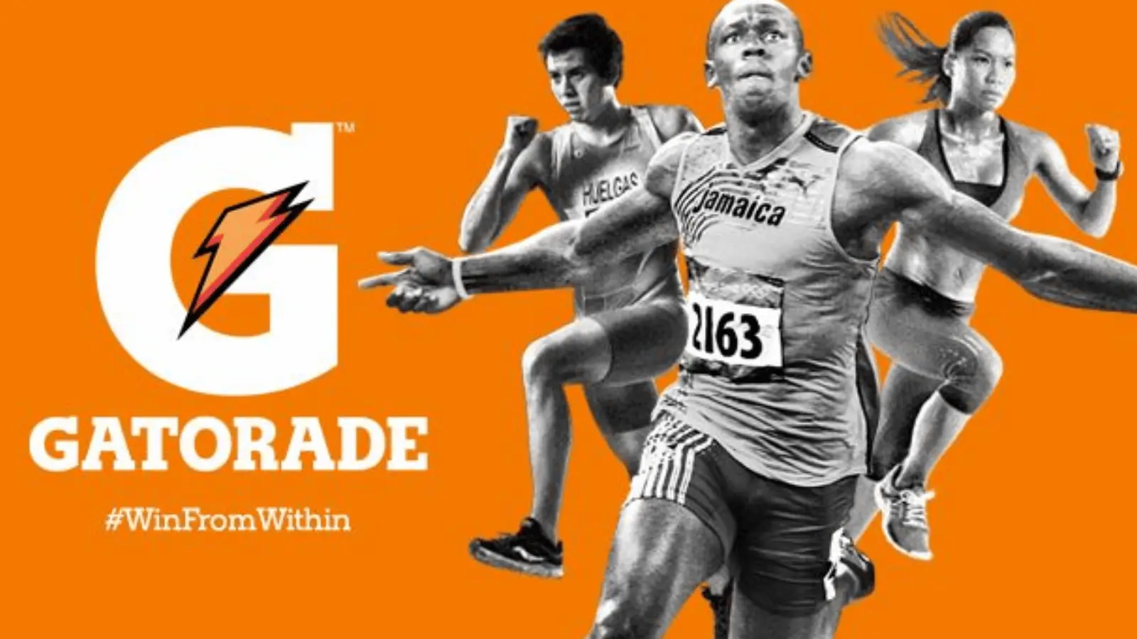 Gatorade logo with athletes running and the hashtag Win From Within highlighting sports marketing examples in hydration.