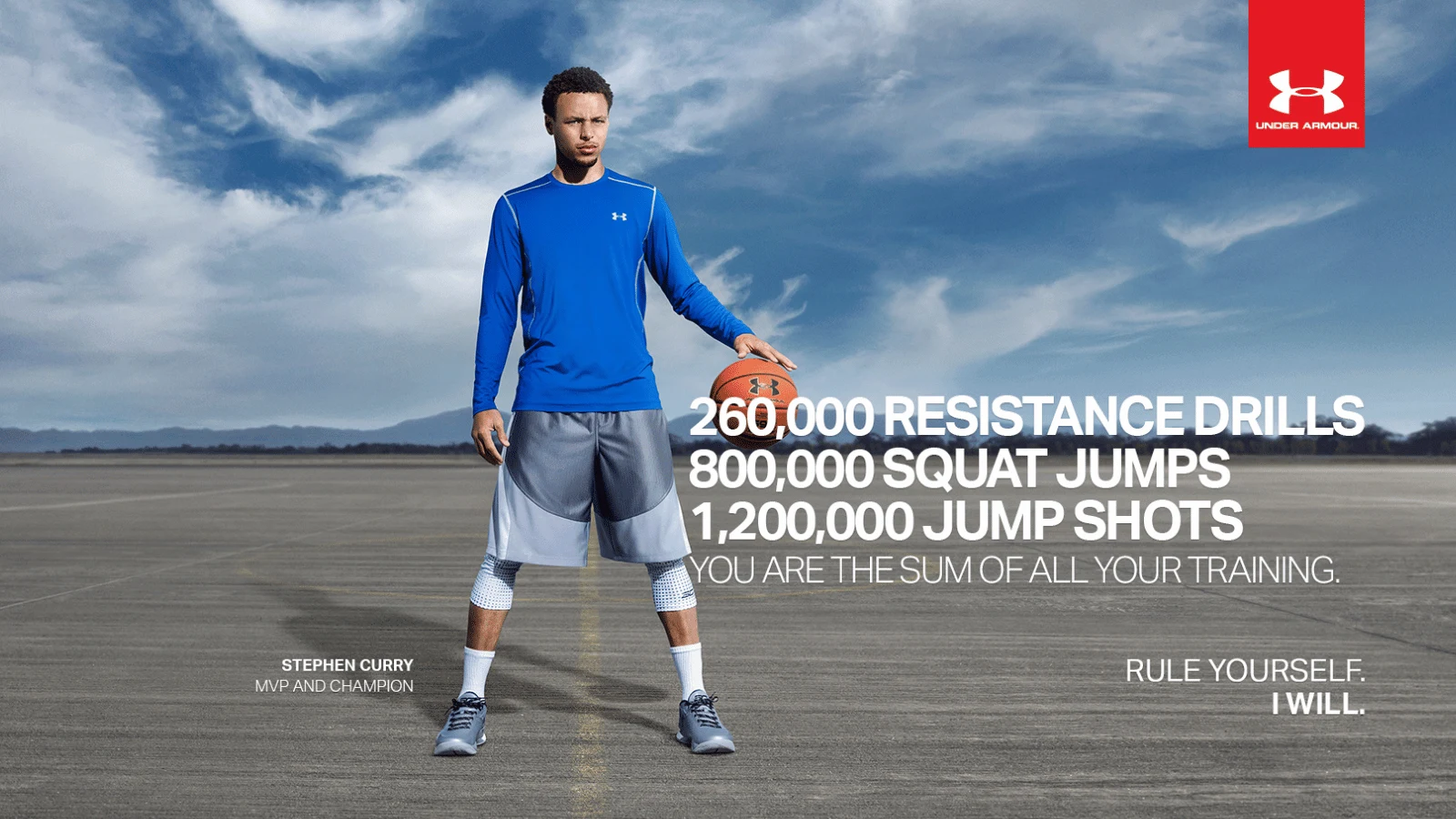 Stephen Curry in Under Armour ad highlighting training stats for sports marketing examples with brand promotion.